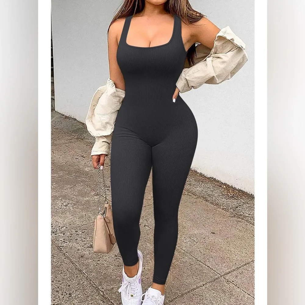 NWT Solid Black Color Seamless Ribbed Fitted Style Body Jumpsuit - Picture 1 of 11